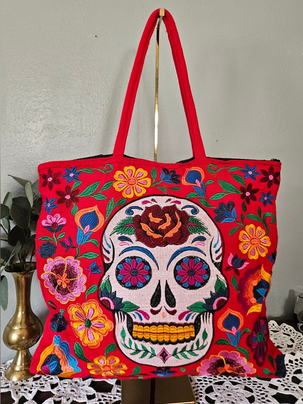 Bohemian Chic Day of the Dead Embroidered Colorful Floral Folk Art Large Tote